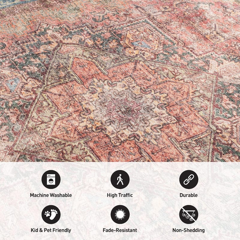 Beige Classic Washable Rug - Flat Pile, Non-Slip, Versatile for Any Room