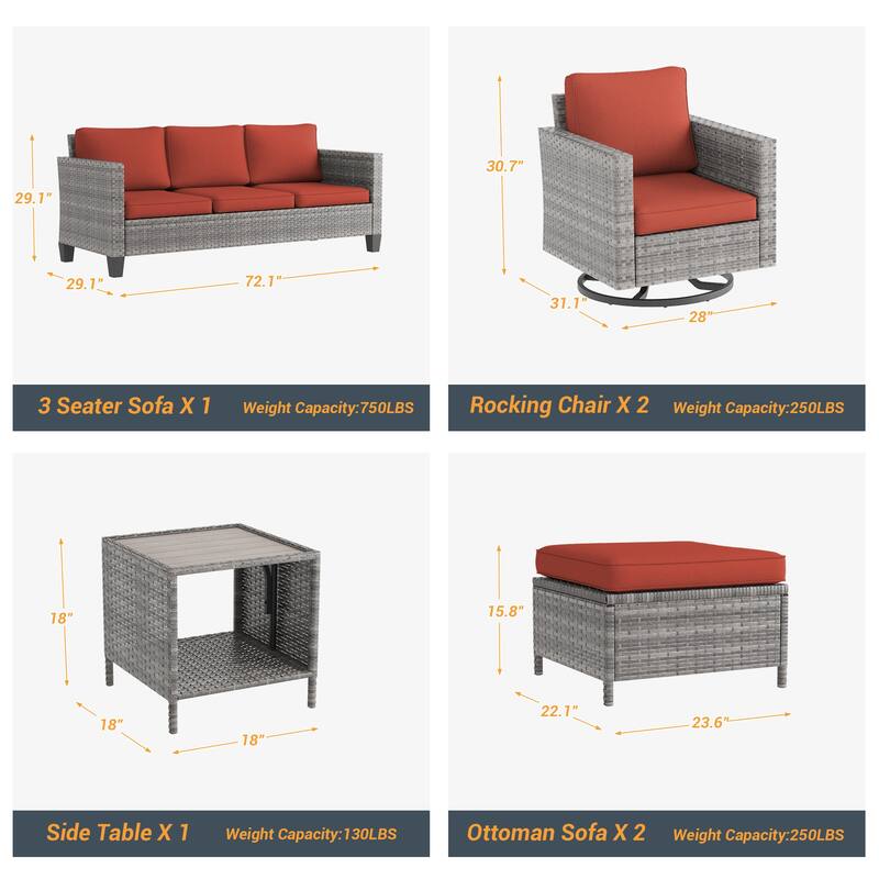 LIVOOSUN Patio 6Pcs Furniture Conversation Gray Rattan Swivel Rocking Sofa Set