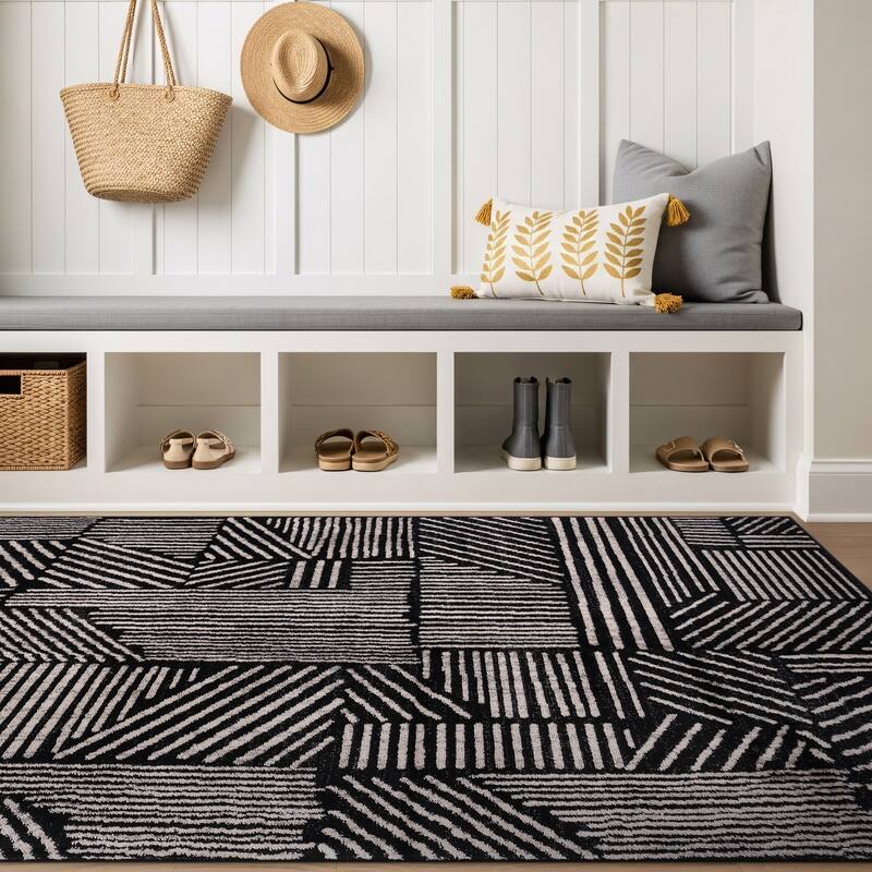 World Rug Gallery Contemporary Boho Stripes Black Area Rug