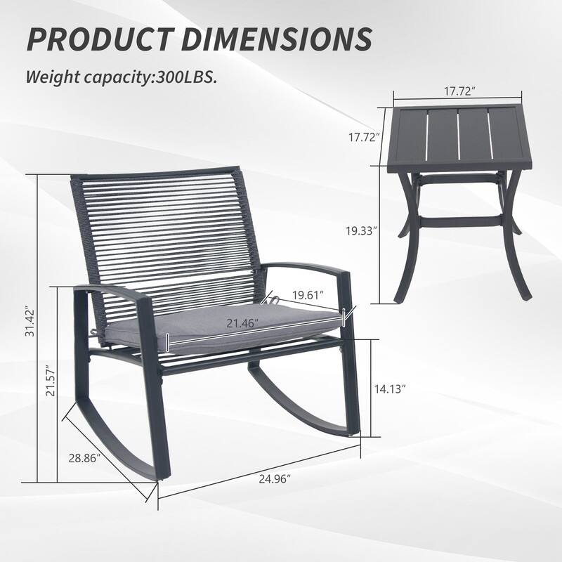 Domi Outdoor 3-Piece Wicker Rocking Chair Set, Patio Conversation Set with Removable Textilene Cushions & Metal Coffee Table