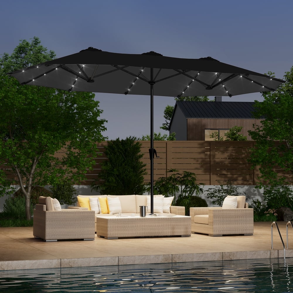 LIVOOSUN 13 x 7.2ft Large LED Double-Sided Rectangular Outdoor Patio Market Umbrella with Crank, Solar Panel, Navy Blue