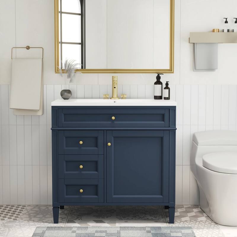 36 inch Solid Wood and MDF Freestanding Bathroom Vanity Set with Integrated Ceramic Sink - 36'' x 33'' - Blue