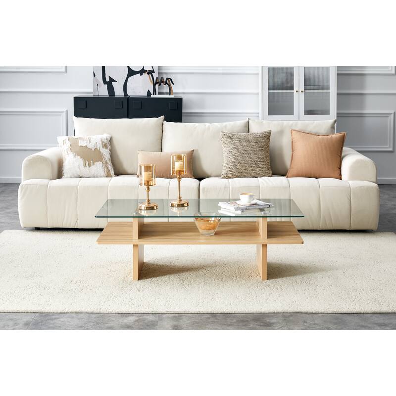 Two-Tier Tempered Glass & MDF Coffee Table, Natural Wood Finish Modern Double-Layer Coffee Table with Sturdy Frame