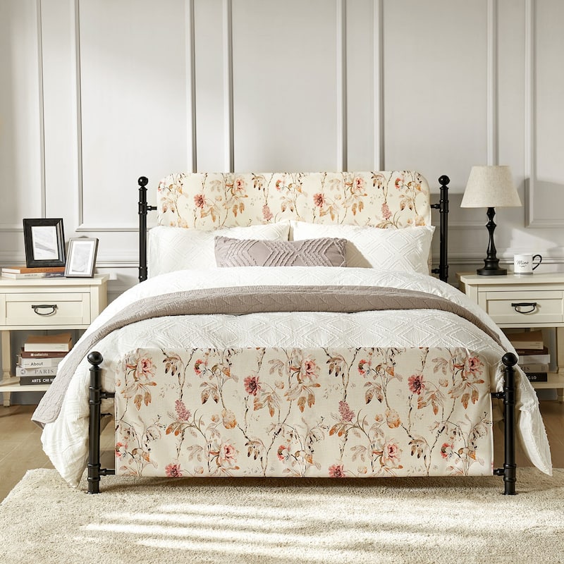 Diana Transitional 62" Floral Upholstered Platform Metal Bed Frame with Washable Slipcover by HULALA HOME