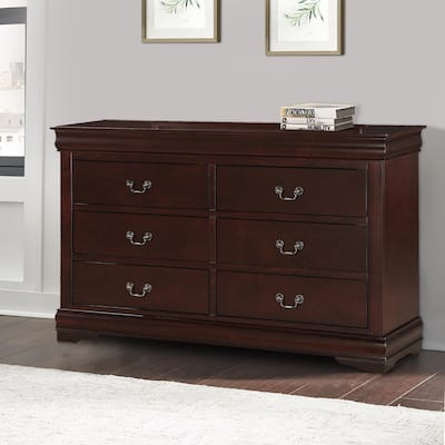 Transitional Style 6 Drawer Dresser with Metal Pulls, Cherry Brown