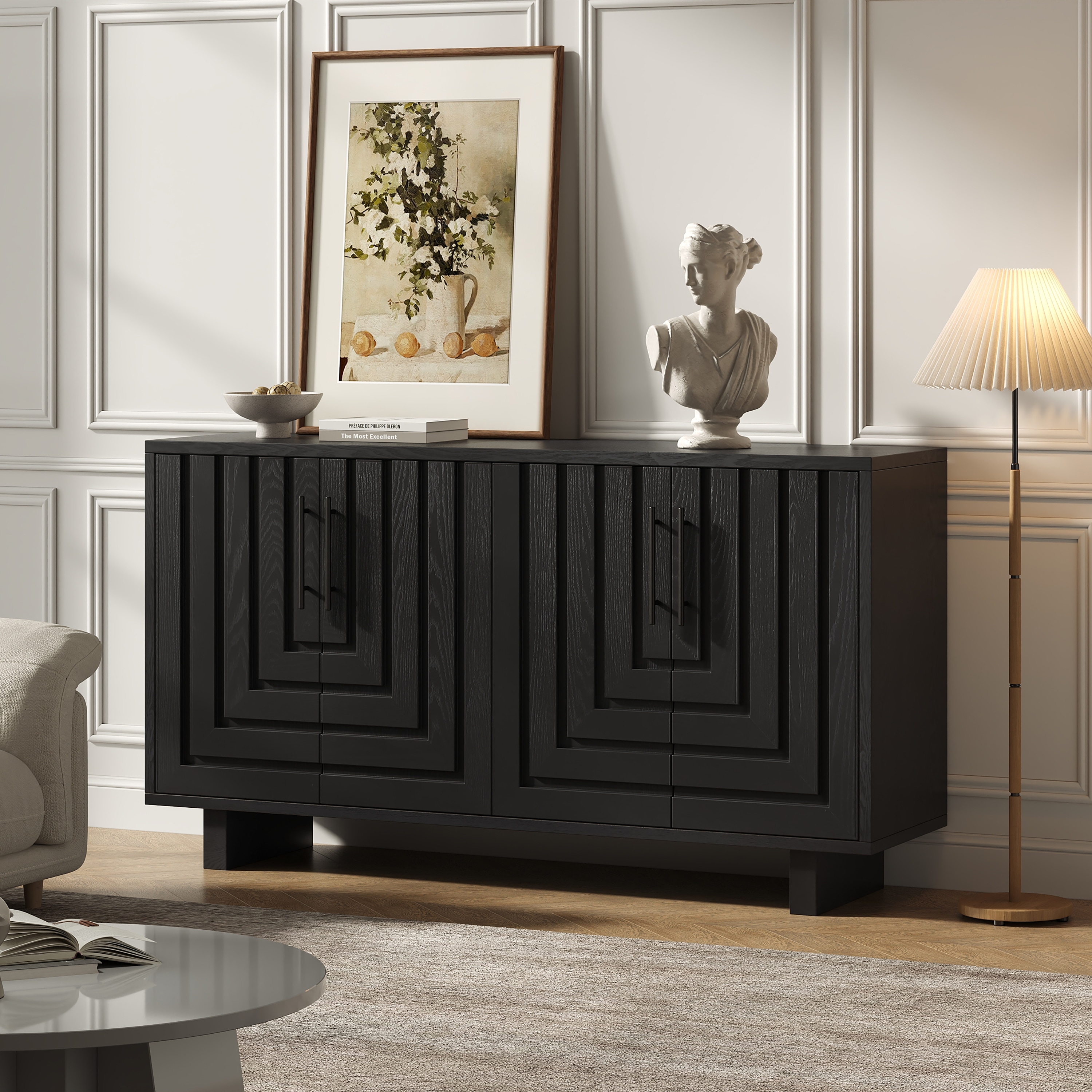 Christopher Knight Home - Lyra 59" Modern Sideboard Storage Cabinet with 4 Doors - Ash Veneer with Metal Handles