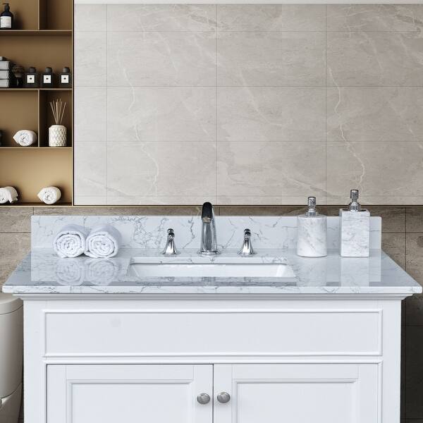 White Marble Stone Bathroom Vanity Top with Sink and 3 Faucet Hole ...