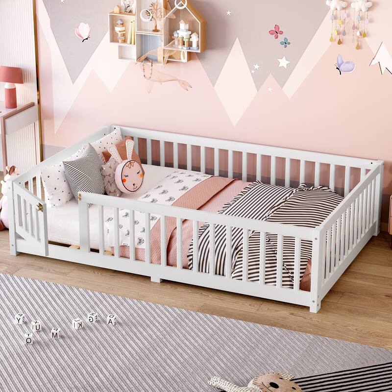 Full Size Bed Floor Bed w/ Safety Guardrails for Kids - White