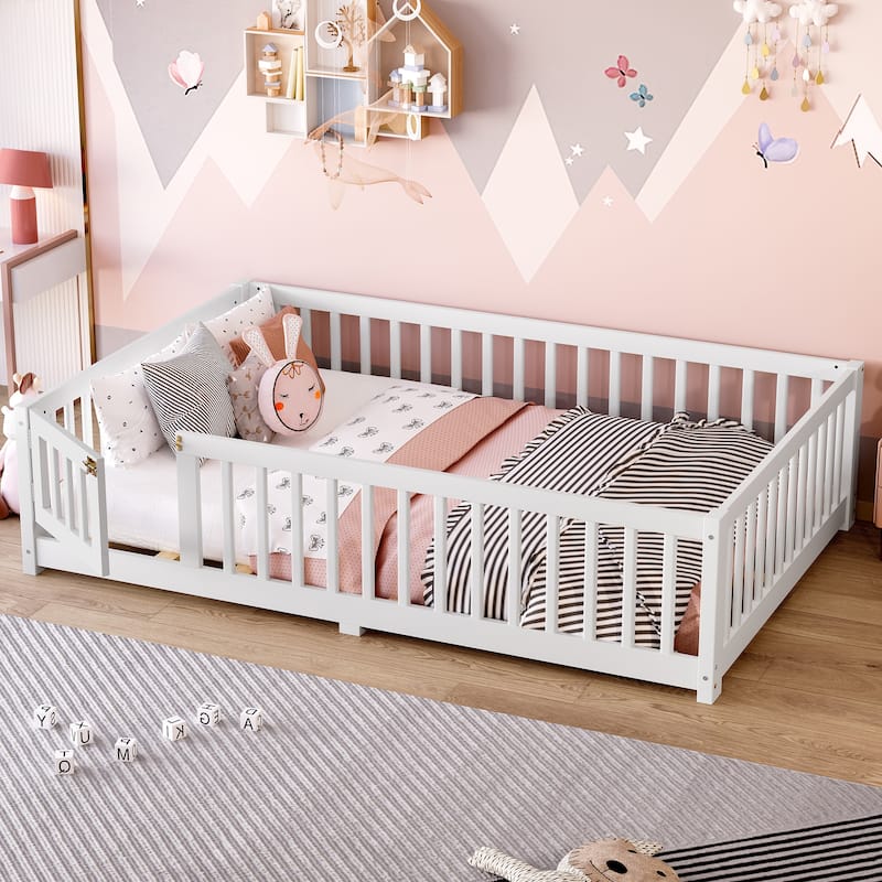 Full Size Bed Floor Bed with Safety Guardrails and Door for Kids