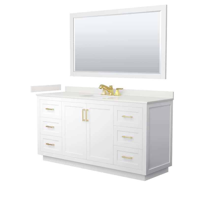 Miranda 66-inch Single Vanity, Quartz Top, 58-inch Mirror - White, Gold Trim, White Quartz Top