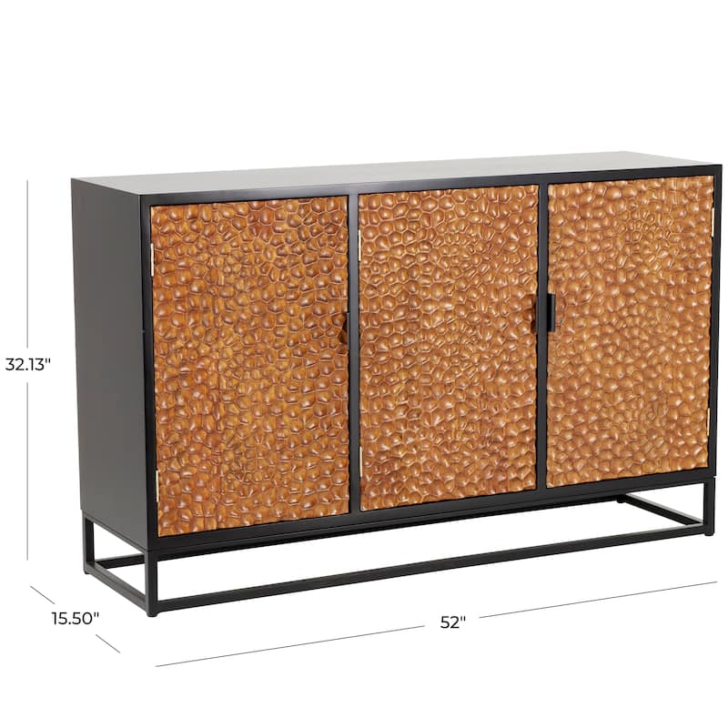 Black Wooden Handmade Carved Pebbled 3 Door Buffet with Brown Wood Doors