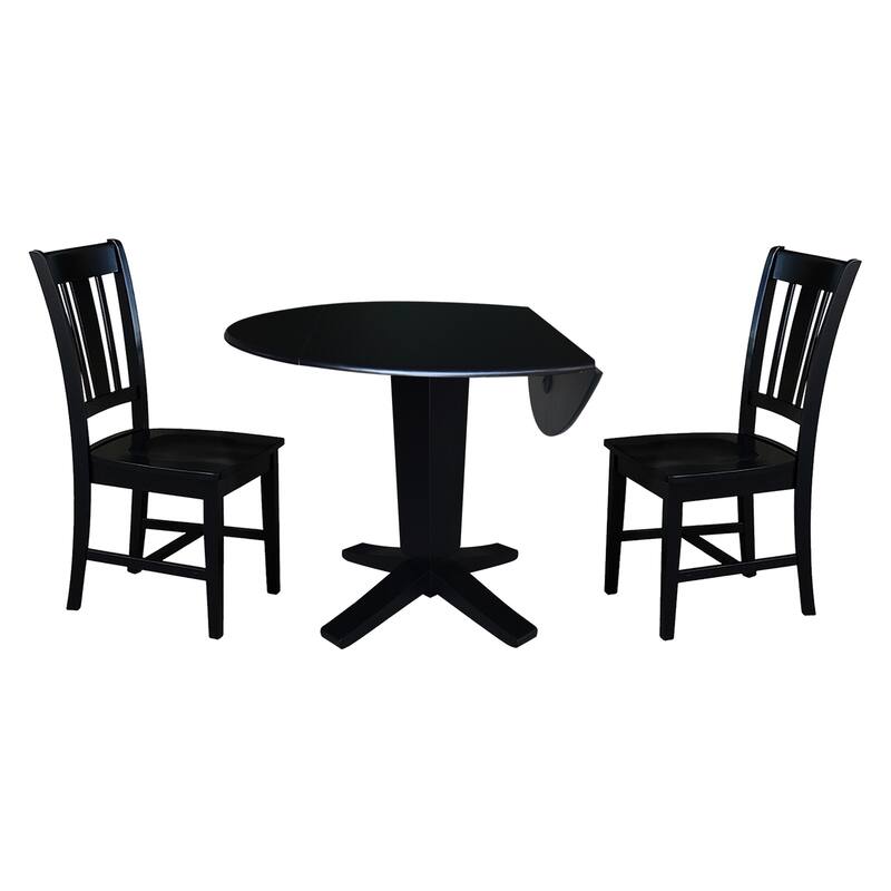 42 in Solid Wood Round Drop Leaf Pedestal Table with Dining Chairs in Black