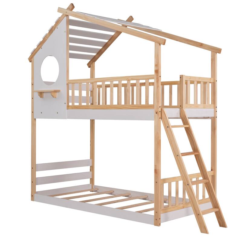 Twin Over Twin Bunk Bed Wood Bed House with Ladder, Storage Rack