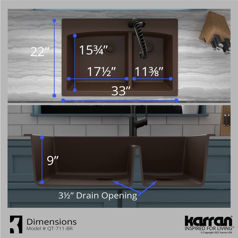 Karran Drop-In Quartz 33 in. 1-Hole 60/40 Double Bowl Kitchen Sink Kit