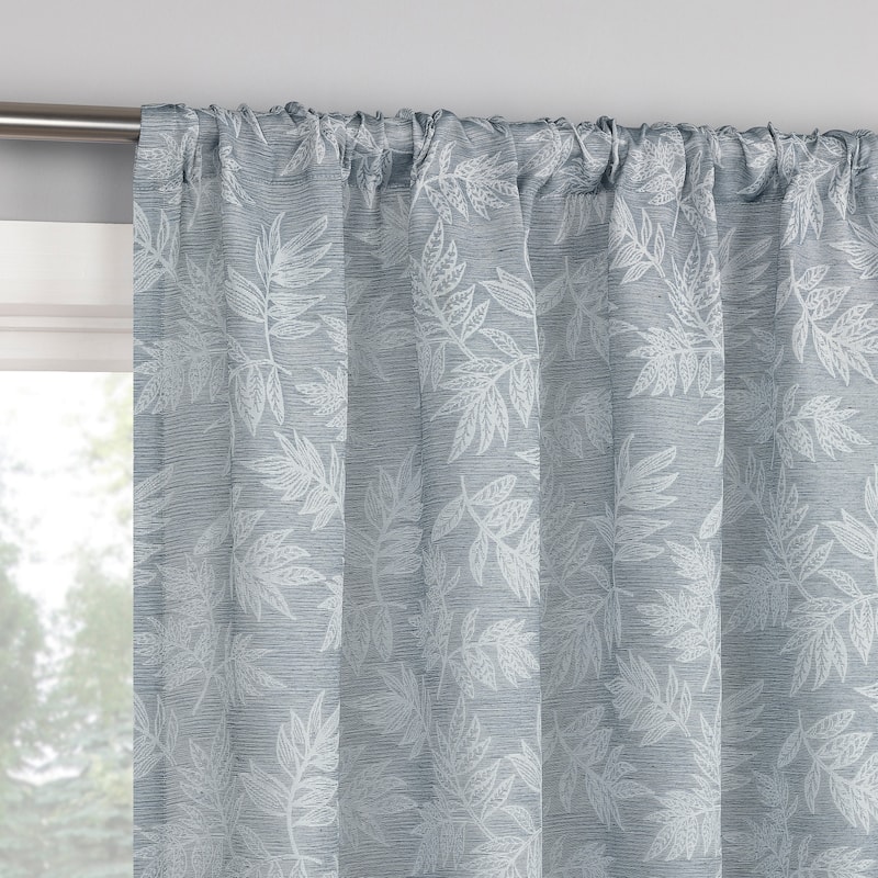 No. 918 Koda Woven Jacquard Leaf Semi-Sheer Rod Pocket 1-Piece Curtain Panel, Single Panel - 50" x 63" - Denim Blue