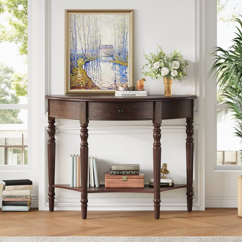 Farmhouse Half Moon Console Table with Drawer & Shelf - Rustic Accent Table