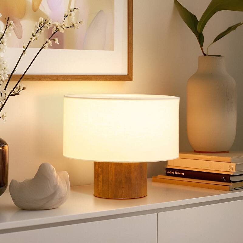 Brightech Oliver 10.5 in Polished Walnut Mid-Century 9W 800Lm 3000K Dimmable LED Modern Round Table Lamp With Cream Drum Shade