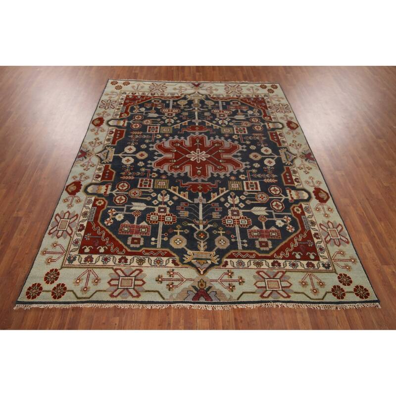 Blue Geometric Heriz Serapi Indian Area Rug Handmade Wool Carpet - 8'0"x 9'9"