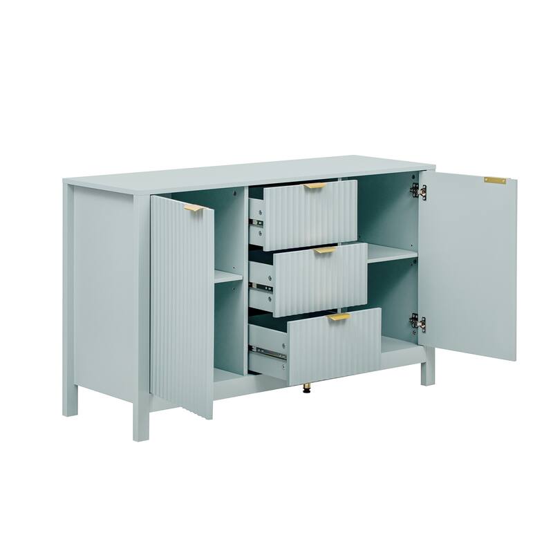 Cupboard with 2 Dimensional Relief Striping Doors and Adjustable Shelves, Entryway Cabinets with Metal Handles and 3 Drawers