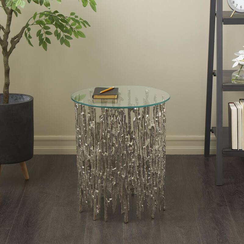 Aluminum Metal Abstract Metallic Cutout Side End Accent Table with Glass Tabletop - Silver - Roche River Decor