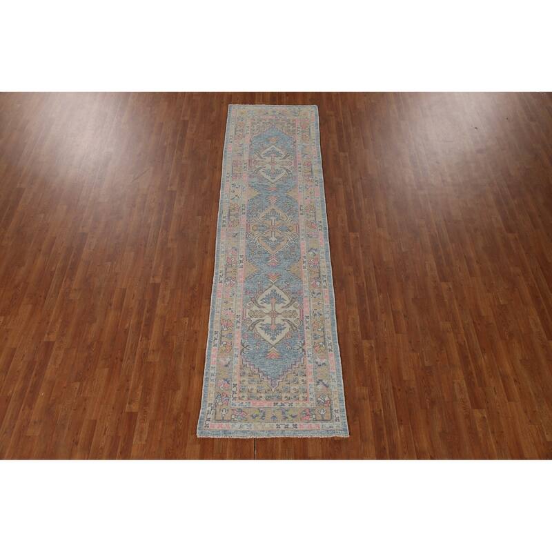 Handmade Vegetable Dye Oushak Turkish Runner Rug Blue Wool Carpet - 3'1"x 11'3"