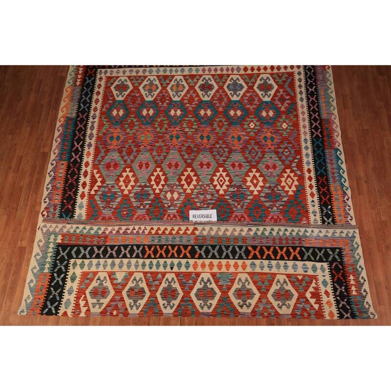 South Western Kilim Area Rug Hand-Woven Wool Carpet - 9'8" x 13'3"