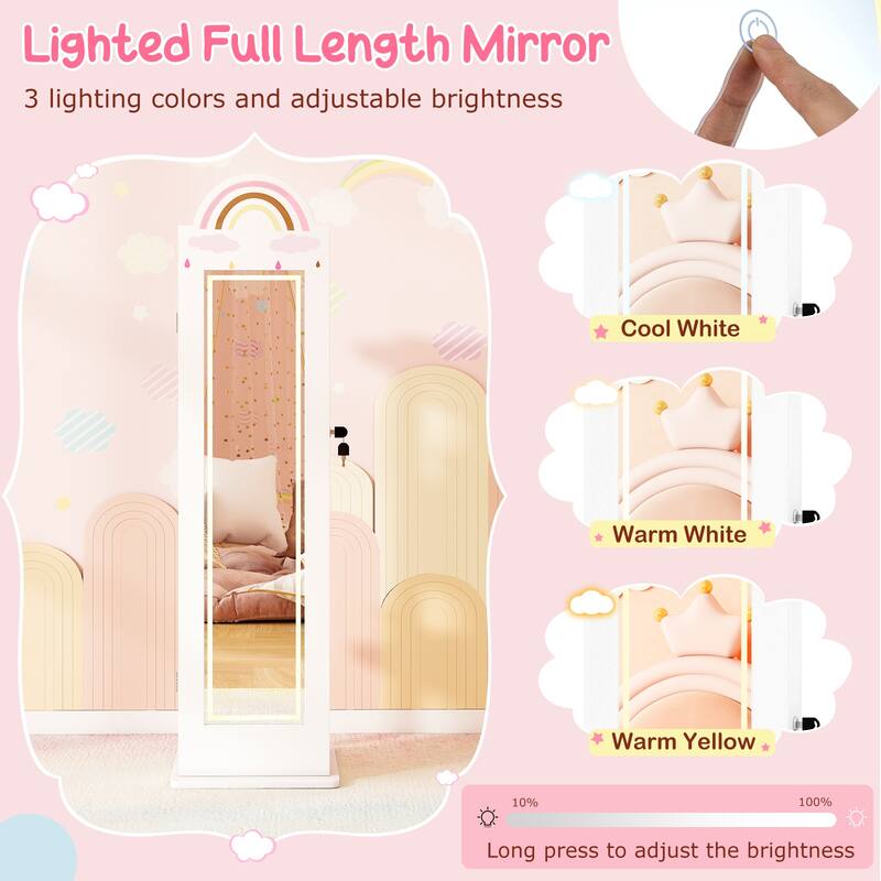 Gymax 3 In 1 Kids Jewelry Cabinet w/3-Color Lighted Full Length Mirror