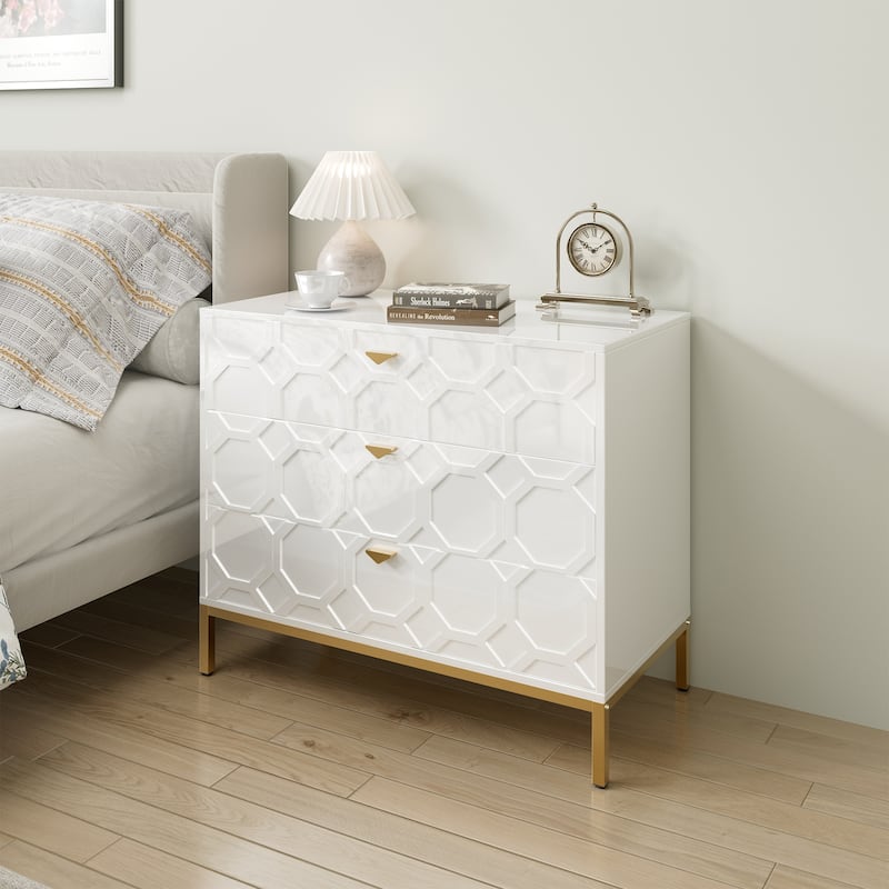 Clihome Modern Wooden Glossy 3-Drawer Storage Chest - White