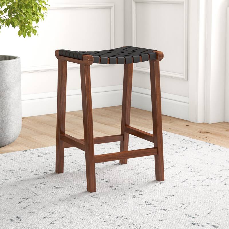GDFStudio - James Mid-Century Modern 23.6"H Counter Stool with Solid Wood Frame & Genuine Leather Upholstery