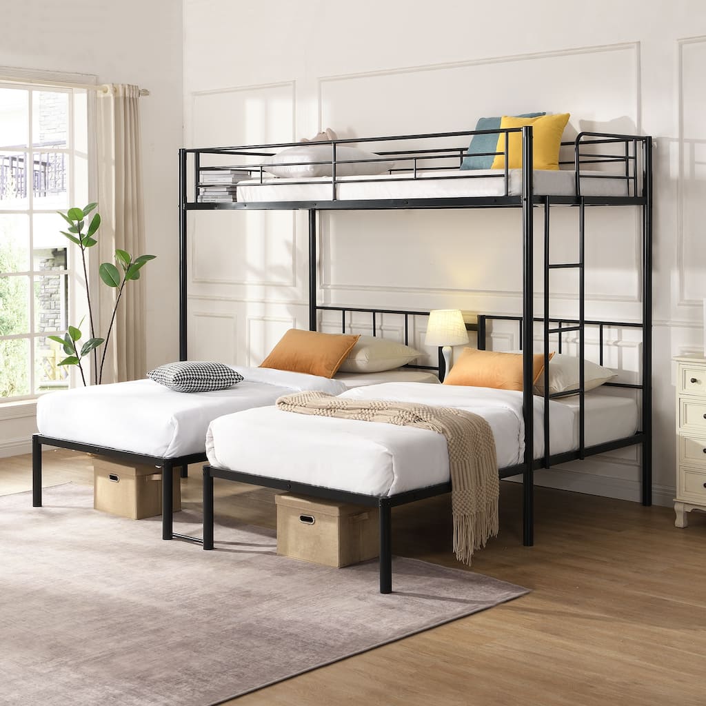 Twin Over Twin Over Twin Bunk Bed ,Triple Bunk Bed With a vertical ladder, Metal Frame Bunk Bed with Safety Rail
