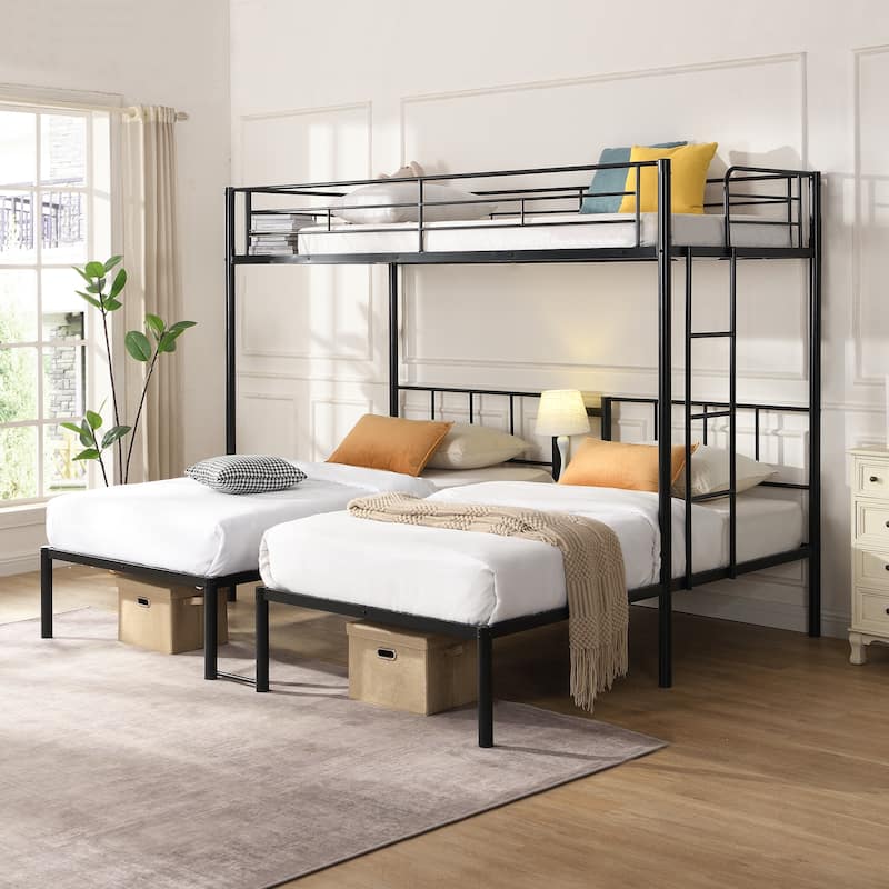 Twin Over Twin Over Twin Bunk Bed ,Triple Bunk Bed With a vertical ladder, Metal Frame Bunk Bed with Safety Rail - Black