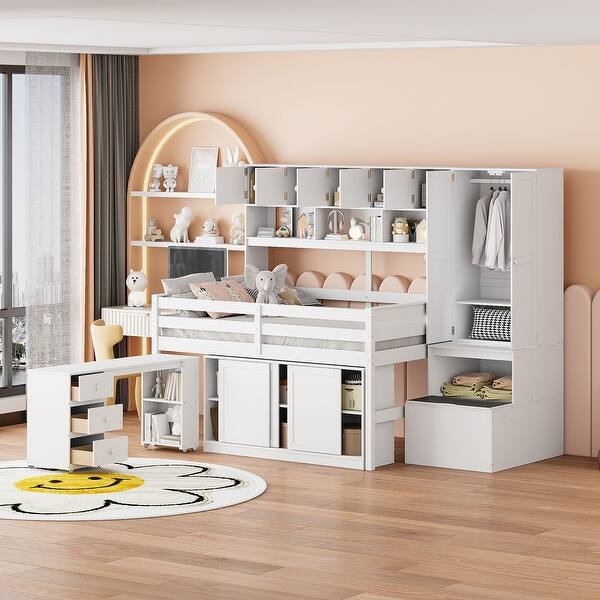 slide 2 of 15, White Full Wooden Loft Bed w/ Rolling Desk, Drawers, Cabinet & Wardrobe White - Full