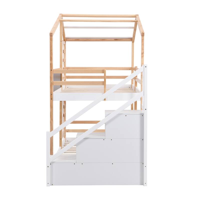 Twin over Twin Bunk Bed House Bed With Roof Windows Blackboard And Storage Ladder Platform Bed, bed Frame