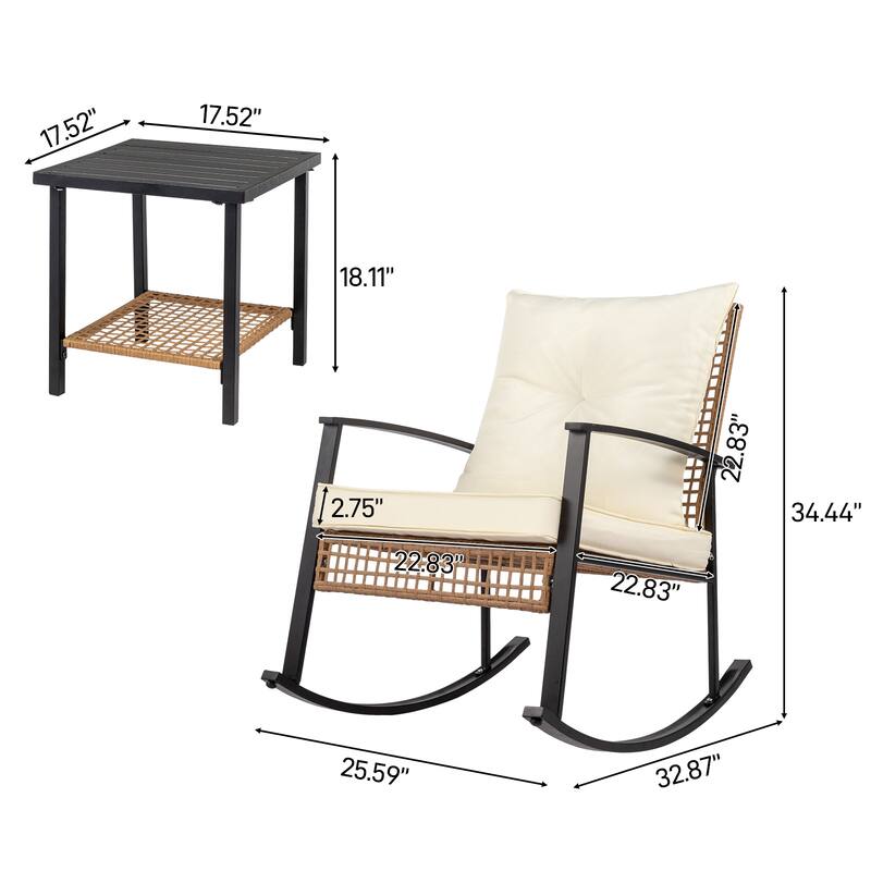 3-Piece Beige Patio Bistro Set with Rattan Rocking Chairs and Coffee Table Outdoor Furniture