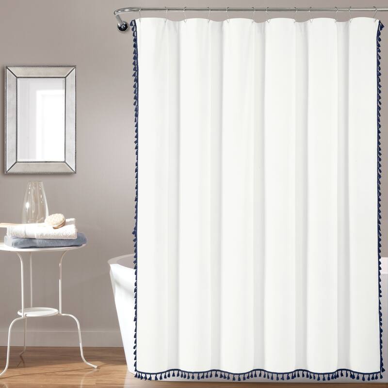 Lush Decor Boho Melora Tassel Yarn Dyed Eco-Friendly Recycled Cotton Shower Curtain Single - Navy - 72" x 72"