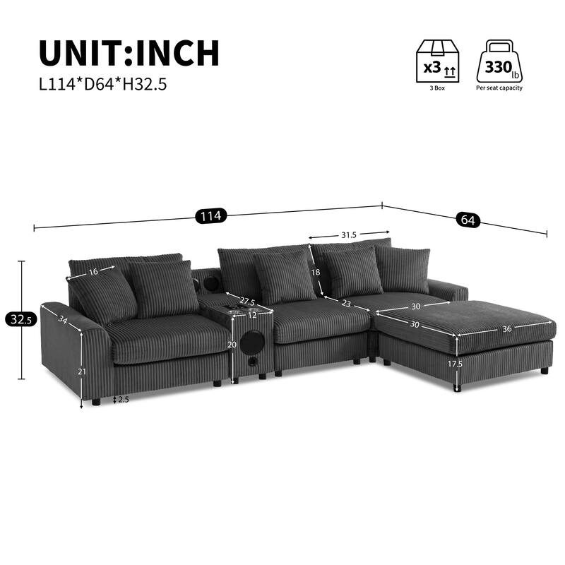 Modular Corduroy Sectional Sofa with Bluetooth Speakers, Charging Ports, Cup Holders, Storage and Ottoman for Living Room