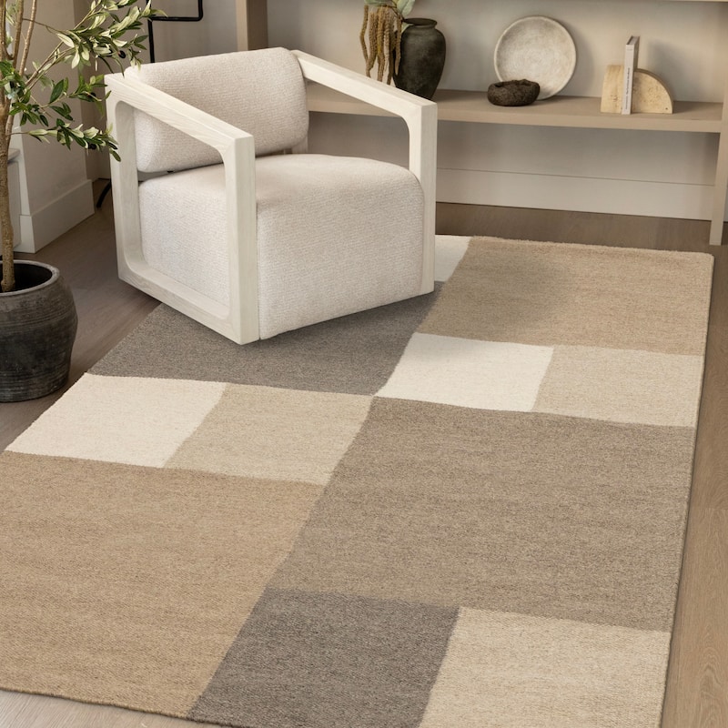 Taupe Beige White Stacked Squares Handmade Wool Rug