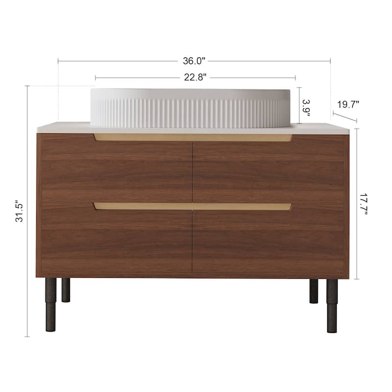 36" Bathroom Vanity with Integrated Ceramic Sink, Freestanding or Wall Mounted Cabinet with Soft-Close Drawers