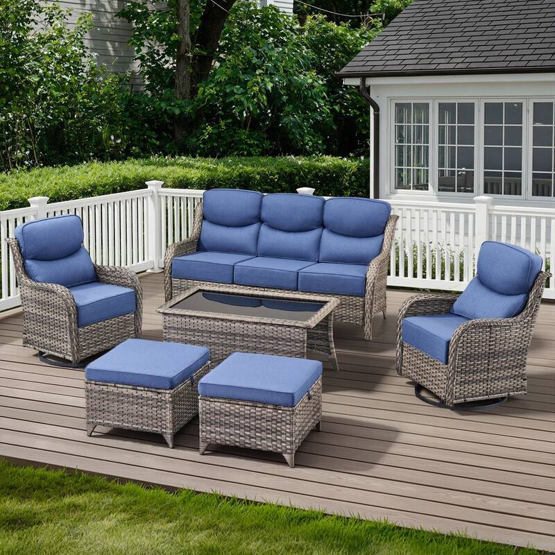 Arcadia 6-Piece Wicker Patio Conversation Set with Swivel Gliders and 6-Inch Thick Olefin Cushions