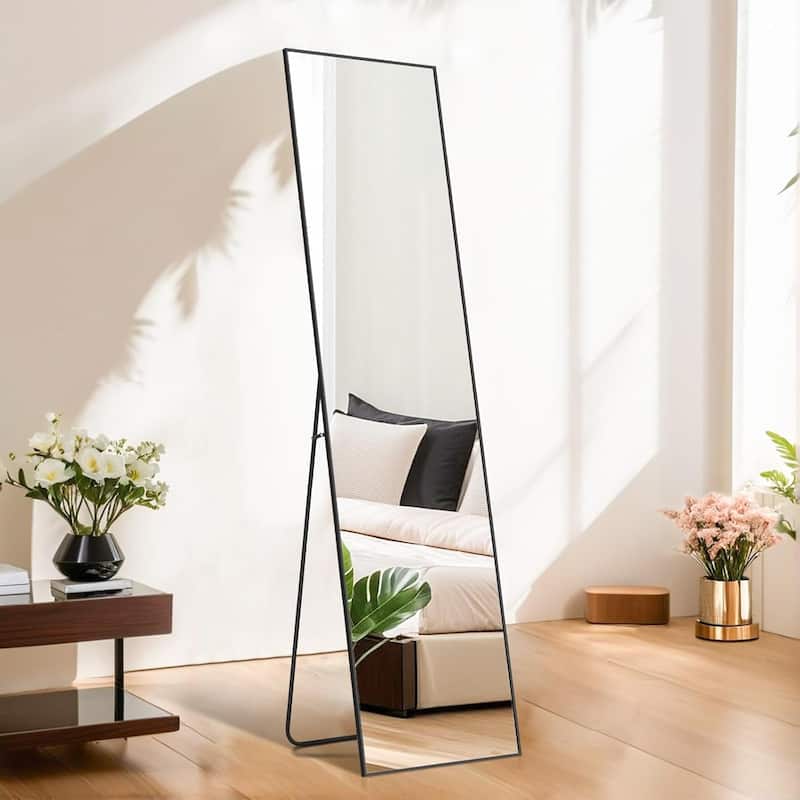 Modern Freestanding Full Length Floor Mirror, 16"x59" Body Wall Mirror, Tall Mirror with Stand Aluminum Alloy Frame - Black-rectangular