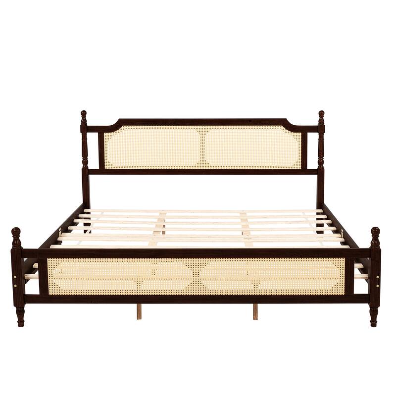 King Size Wooden Bed with Rattan Headboard and Footboard, Central Enhanced Platform, Espresso