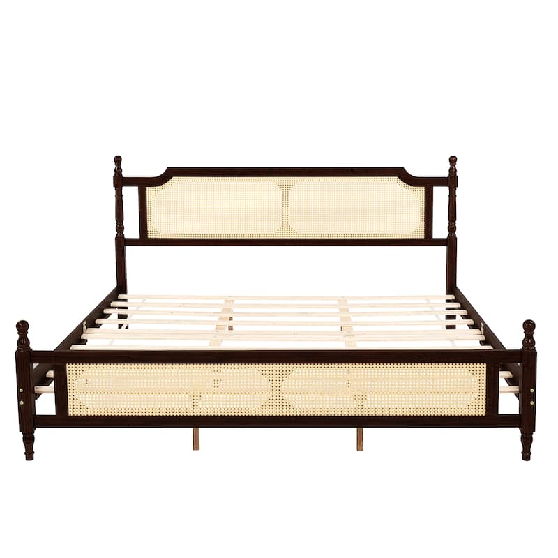 Pine wooden Bed with Rattan Headboard and Footboard, with Central Enhanced Bed Platform