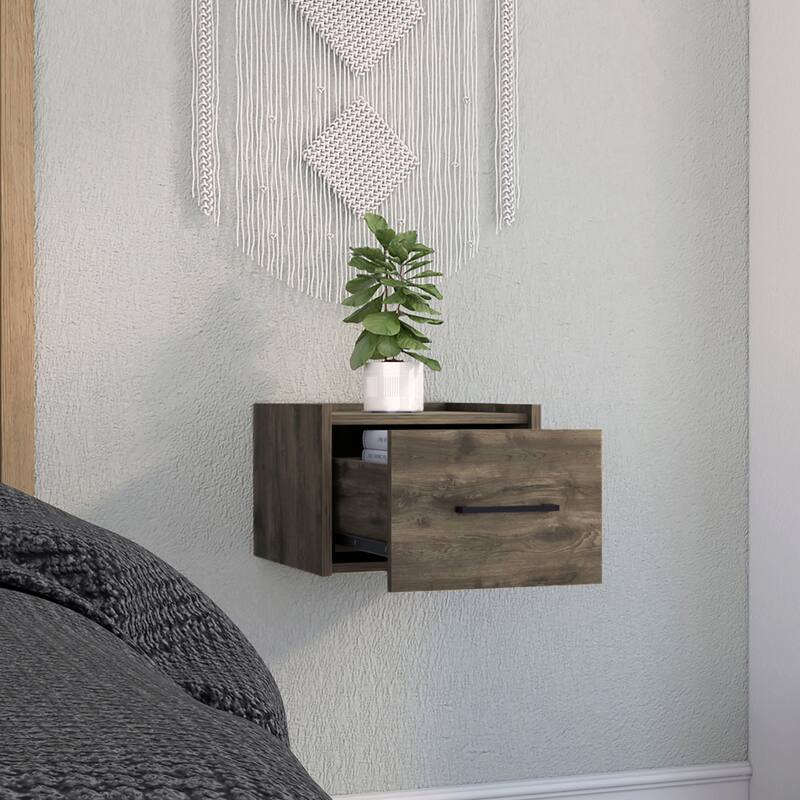Wall-Mounted Floating Nightstand with Single Drawer - Dark Brown