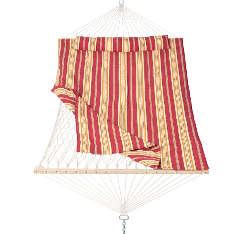 Durable 2 Person Rope Hammock with Polyester Quilted Pad and Pillow - 76*52 - Red Stripe