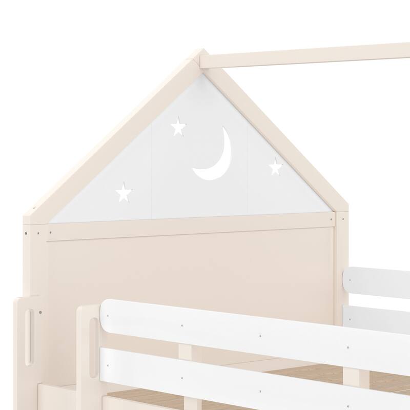 Full Size Loft Bed with Bookshelf, Playful Design for Kids, House-Shaped Structure with Slide High-Quality Safety Rails
