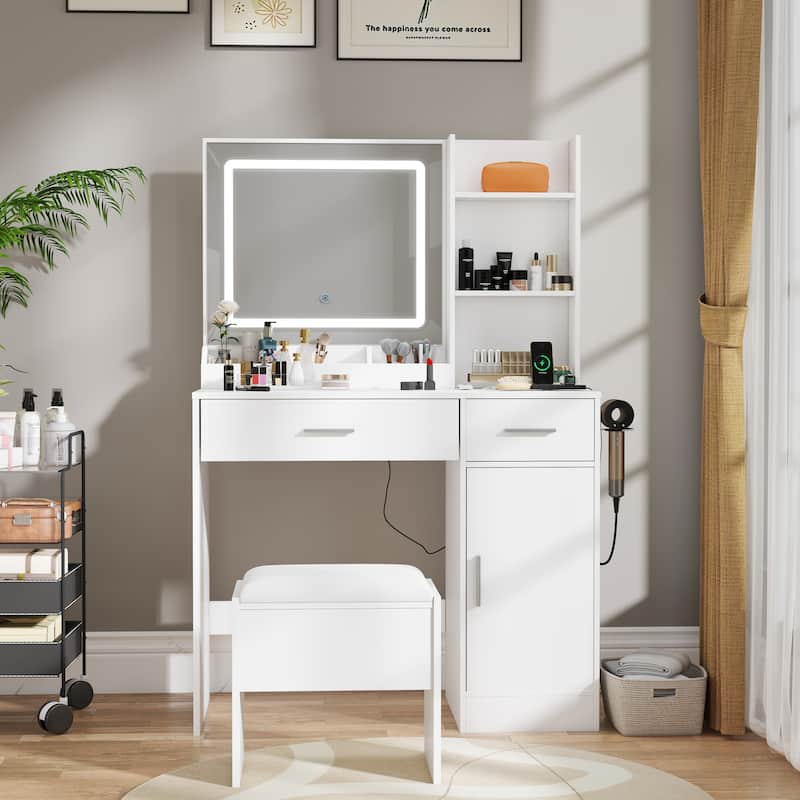 Roundhill Furniture Lavin Makeup Vanity Set, LED Light Mirror and Charging Station - White