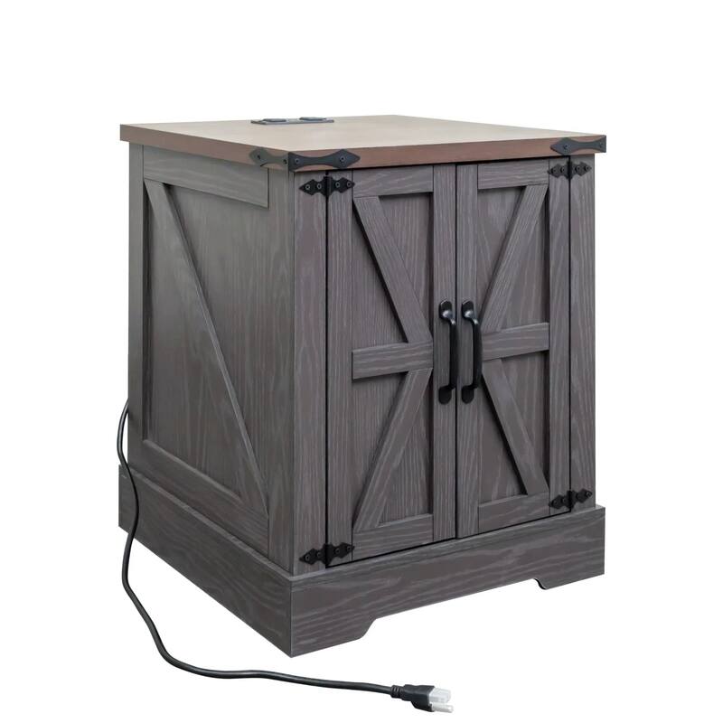 Farmhouse End Table with Charging Station, Rustic Wood Nightstand with Adjustable Shelf, 19.6"W Versatile Walnut Sofa Si