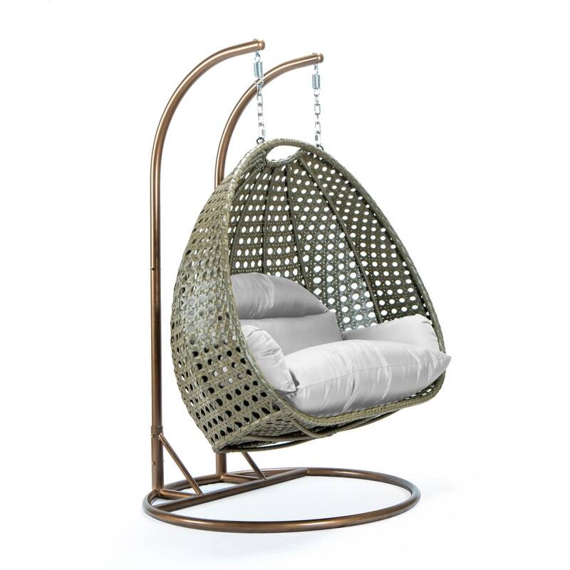 LeisureMod Modern 2-Person Egg Hanging Swing Chair with Beige Wicker, Oxford Fabric Cover, Patio Hammock Lounger and Cushions
