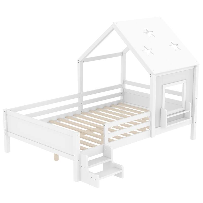 Roomfitters House Floor Bed with Bookcase and Blackboard, Solid Wood Frame with Low Stairs