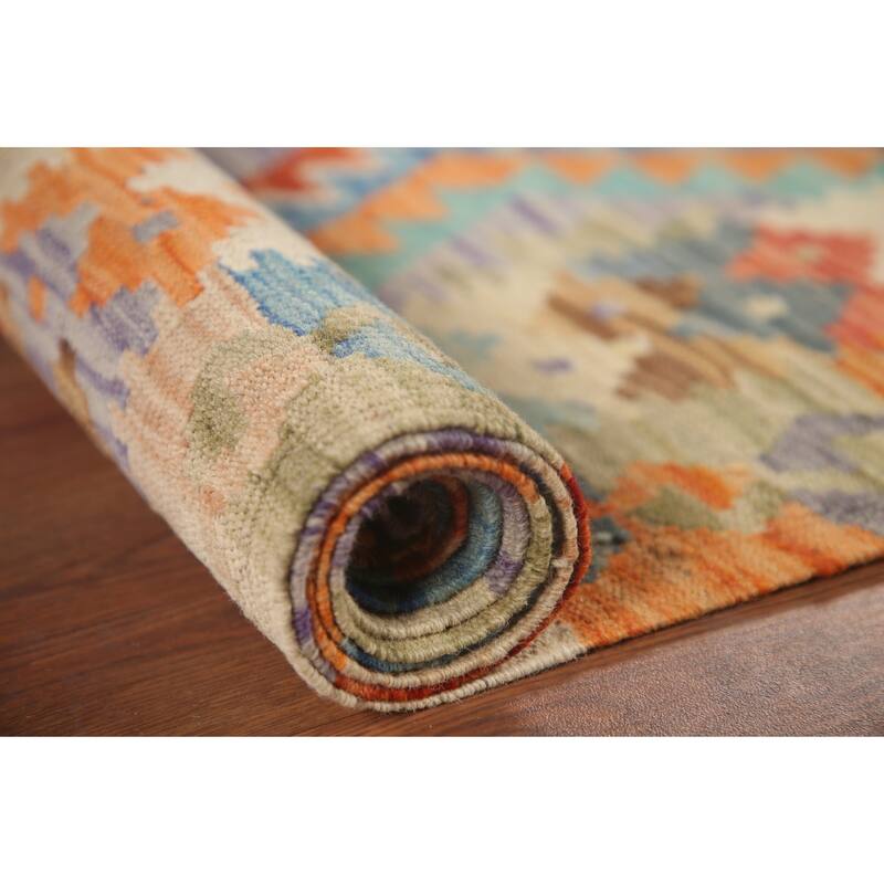 Hand Woven Oriental 100% Wool Carpet Southwestern All-Over Multi-Colored Kilim Area Rug - 9' 10'' X 6' 5''